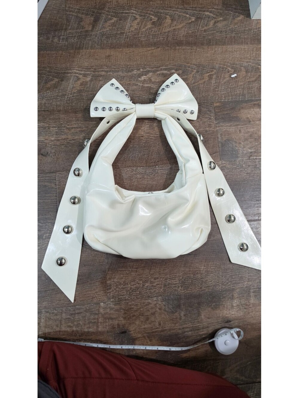 White Faux Leather Bow Accent Shoulder Bag with Silver Studs